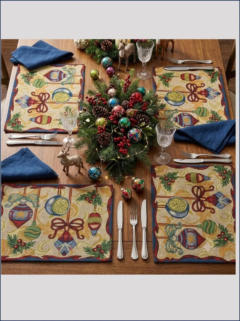 Jewel Tone Christmas Ornament Woven Tapestry (4) Placemats Holiday Cottagecore